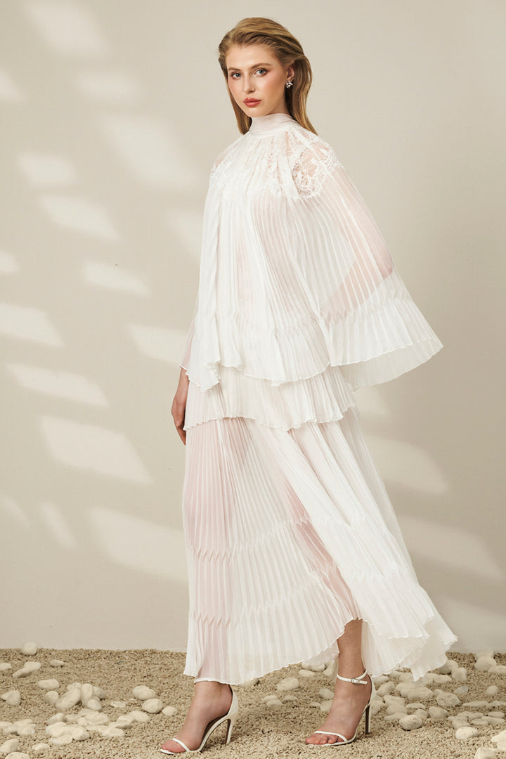 High-Neck with Lace-Panel Pleated Chiffon and Scarf Dress