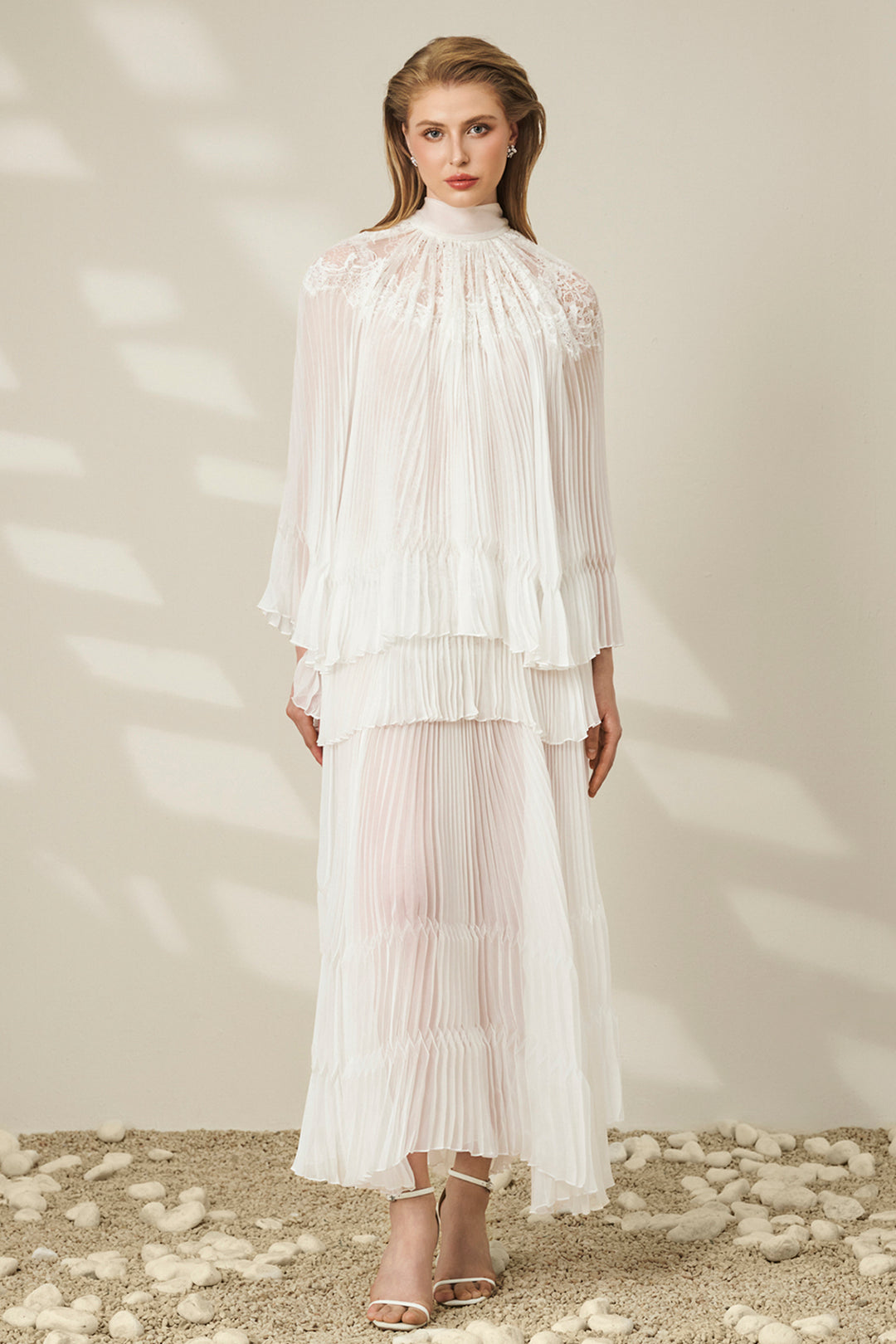 High-Neck with Lace-Panel Pleated Chiffon and Scarf Dress