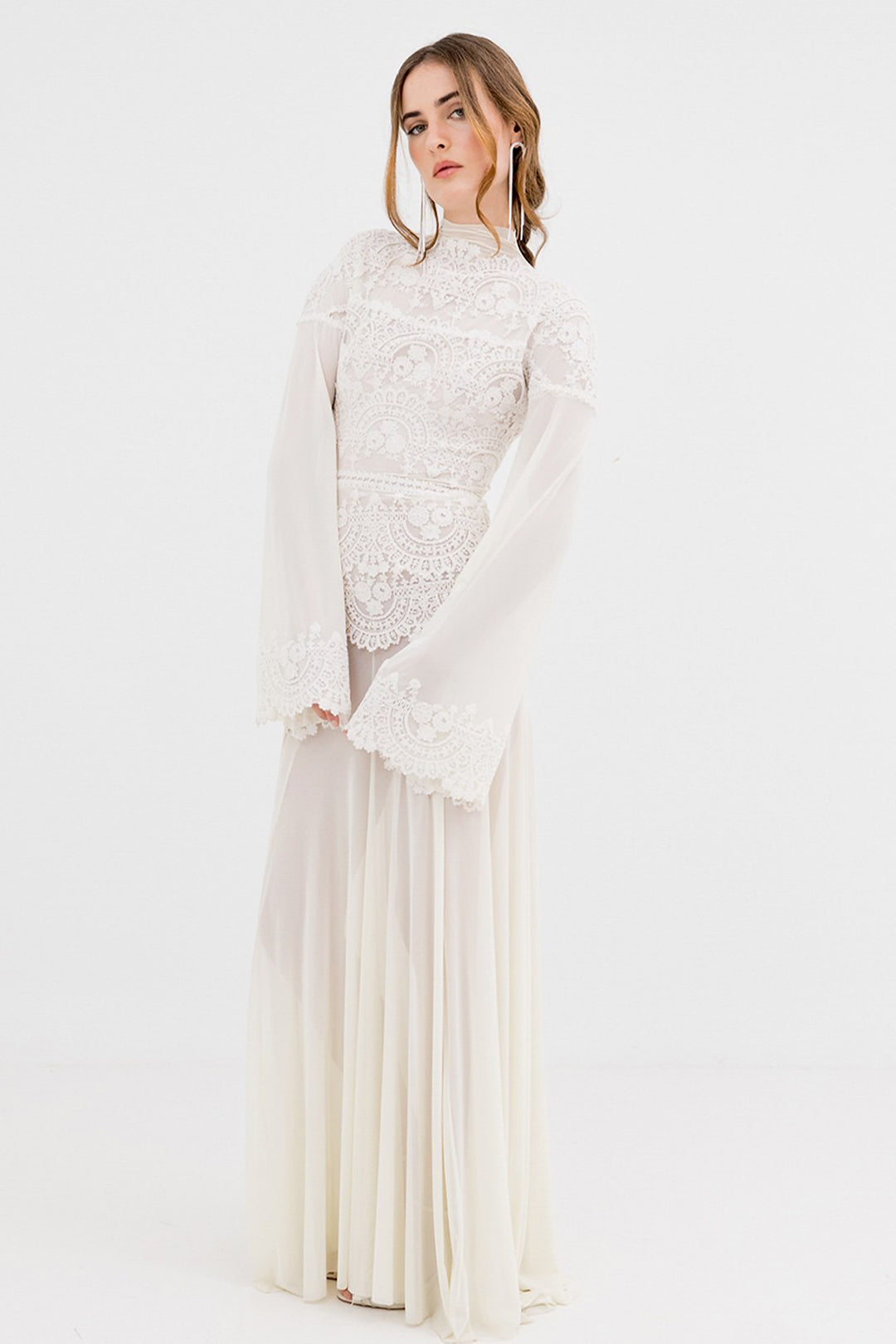 Lace Long A-Line Dress with Long Sleeve