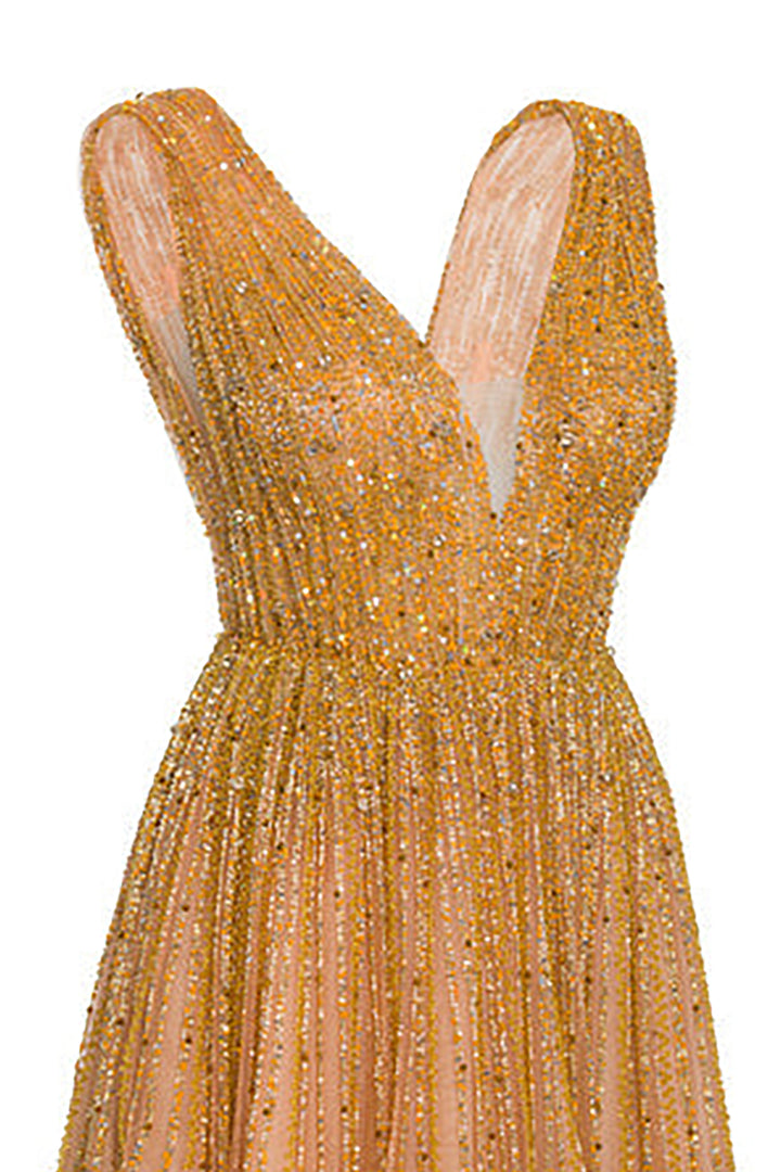 Beaded Gold Dress with V-neckline