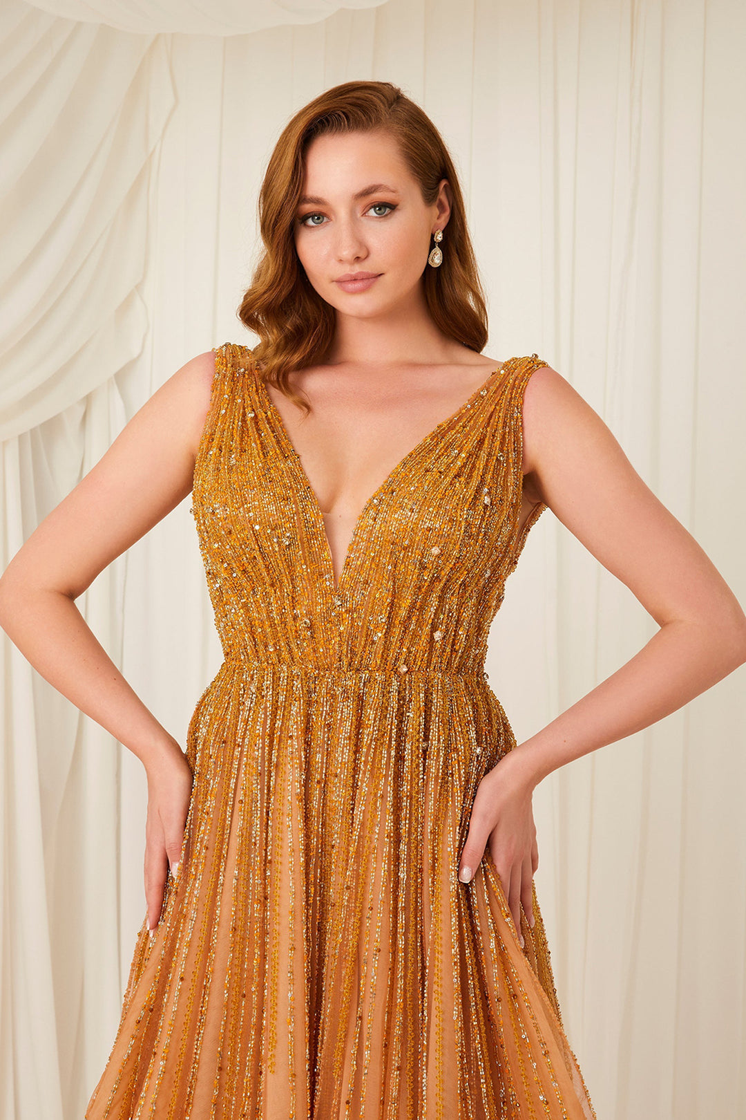 Beaded Gold Dress with V-neckline