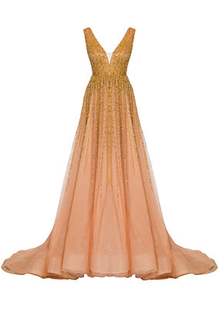 Beaded Gold Dress with V-neckline