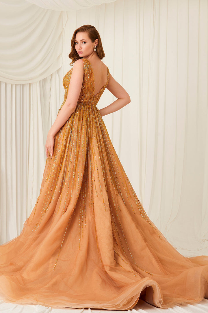 Beaded Gold Dress with V-neckline