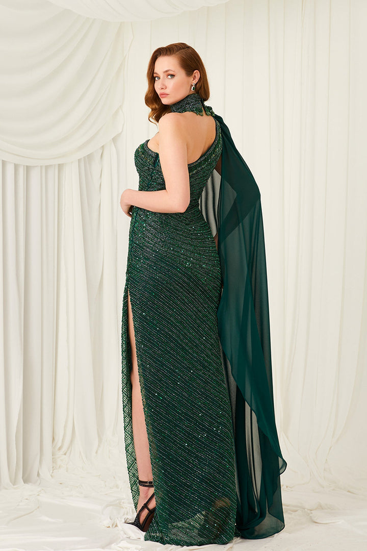 Beaded Tulle Dress with Cape