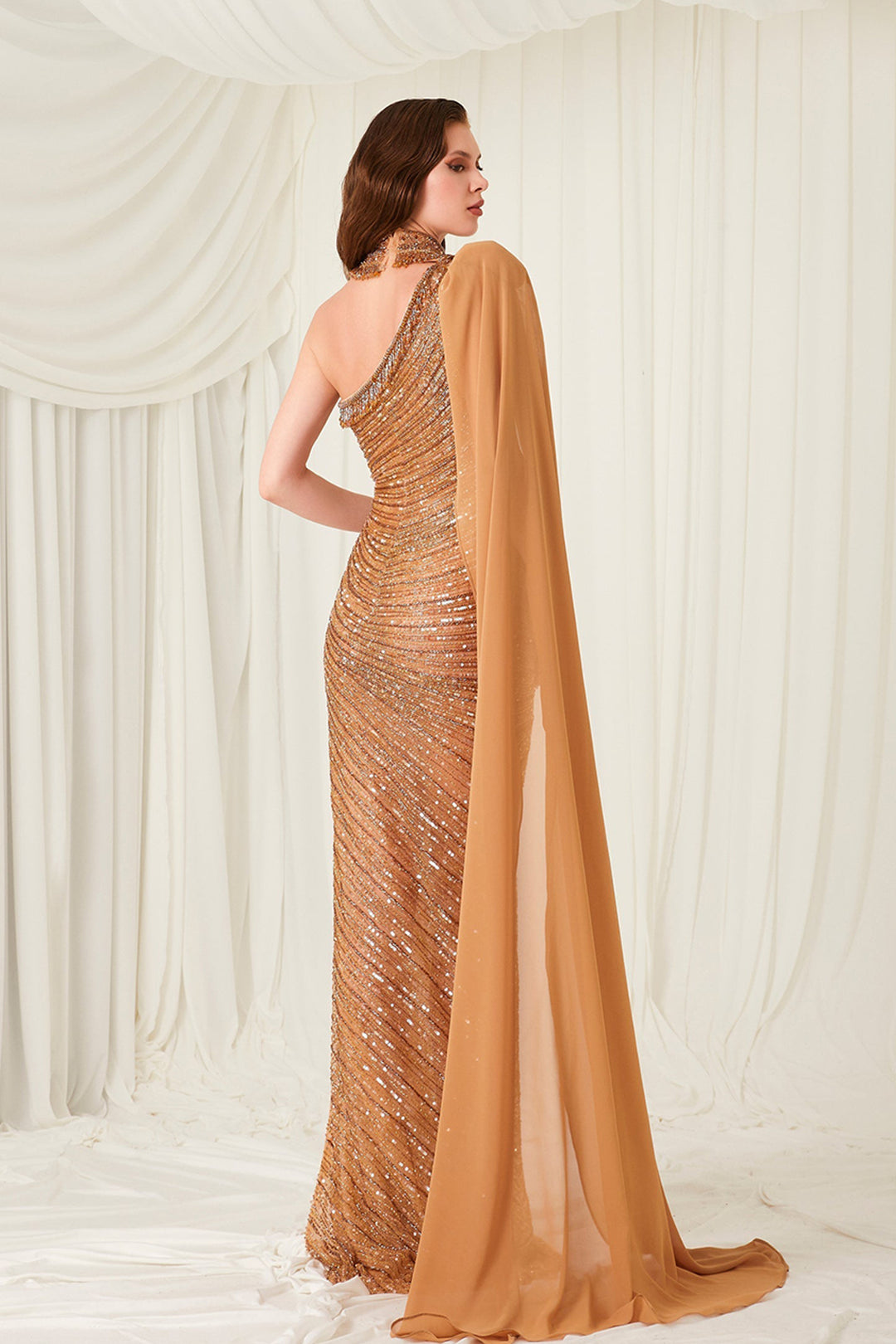 Beaded Tulle Dress with Cape