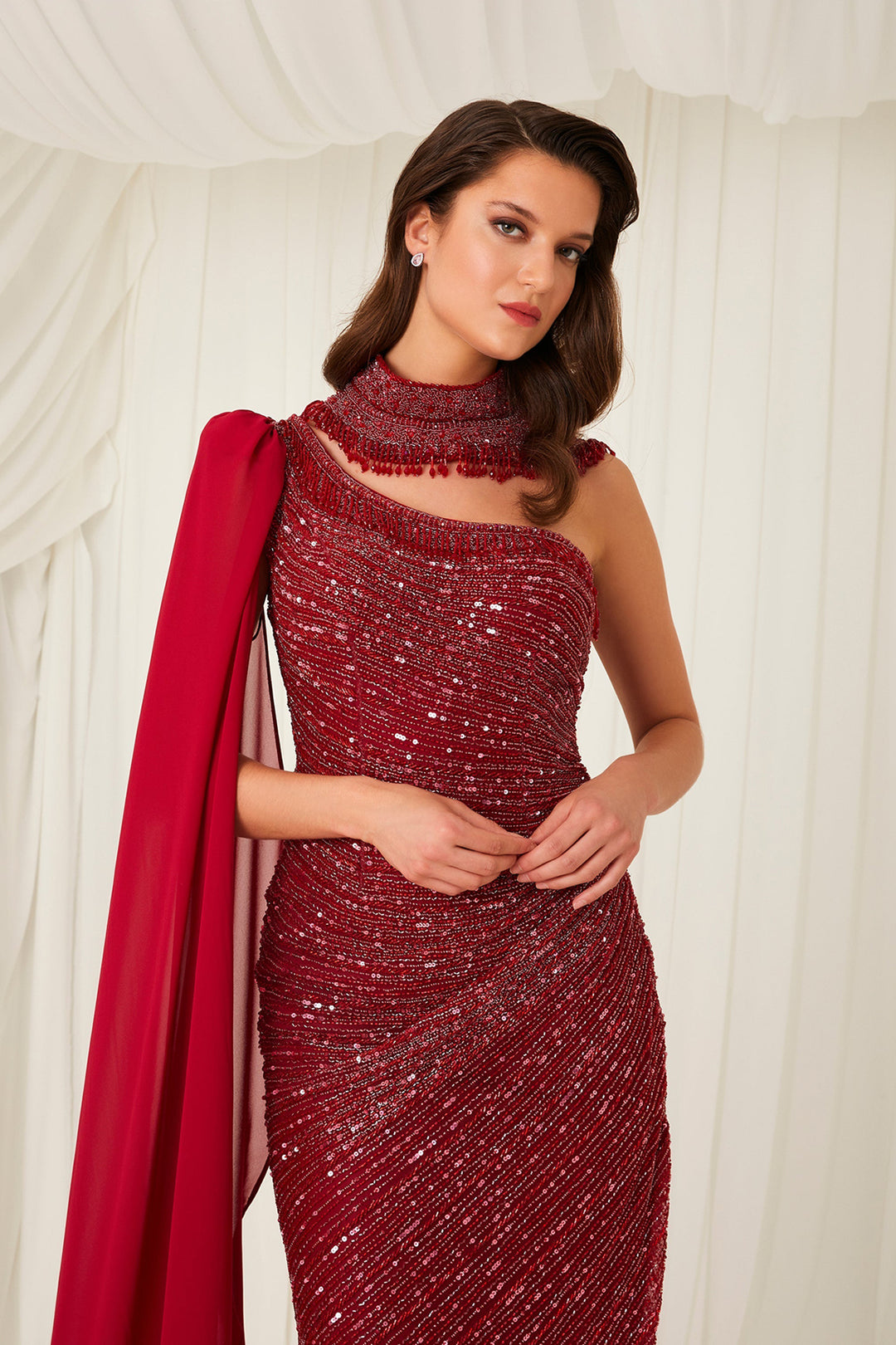 Beaded Tulle Dress with Cape