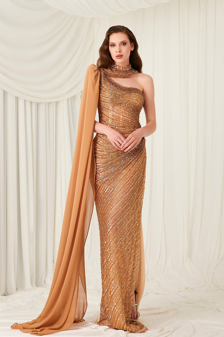 Beaded Tulle Dress with Cape