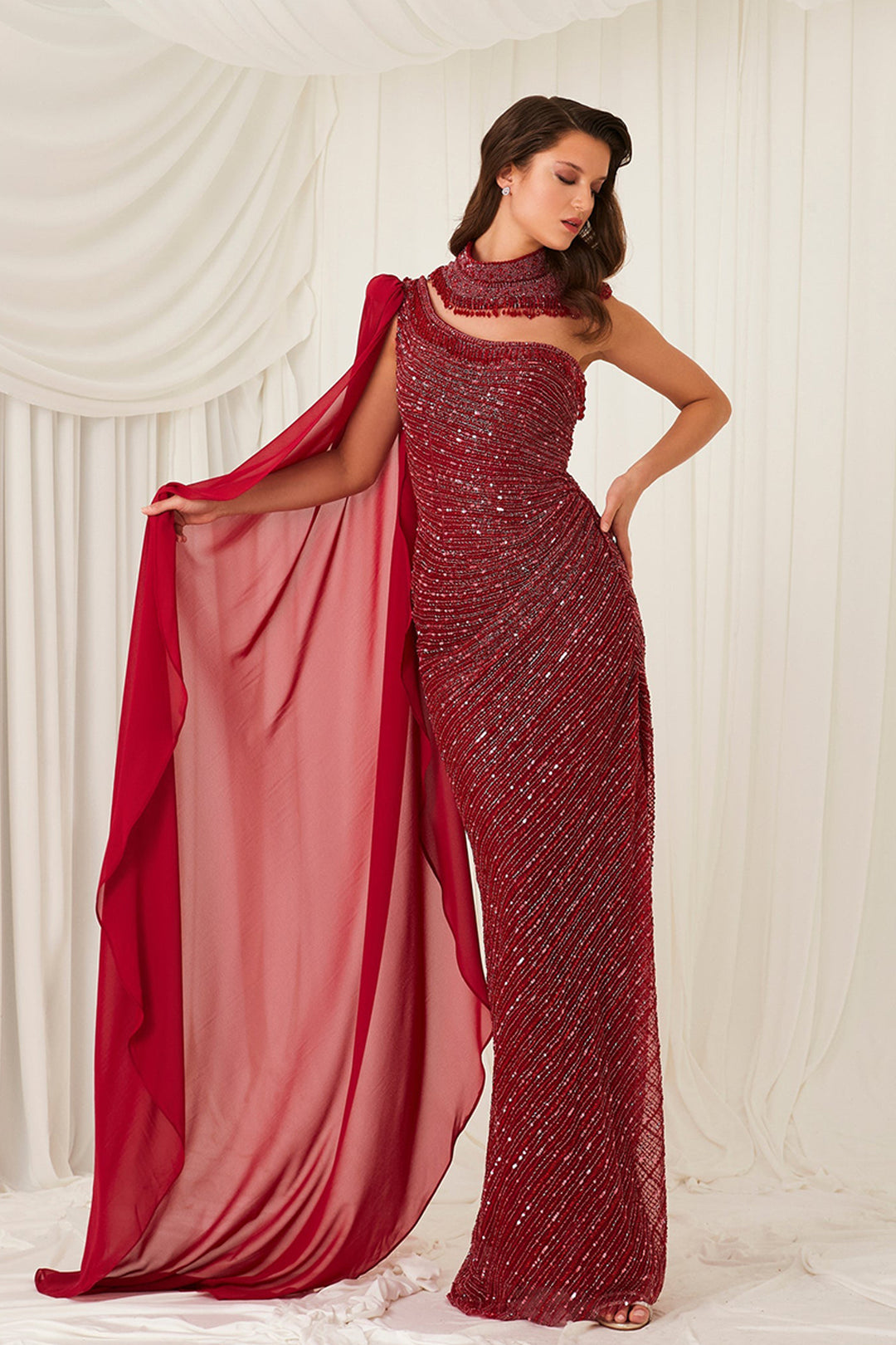 Beaded Tulle Dress with Cape