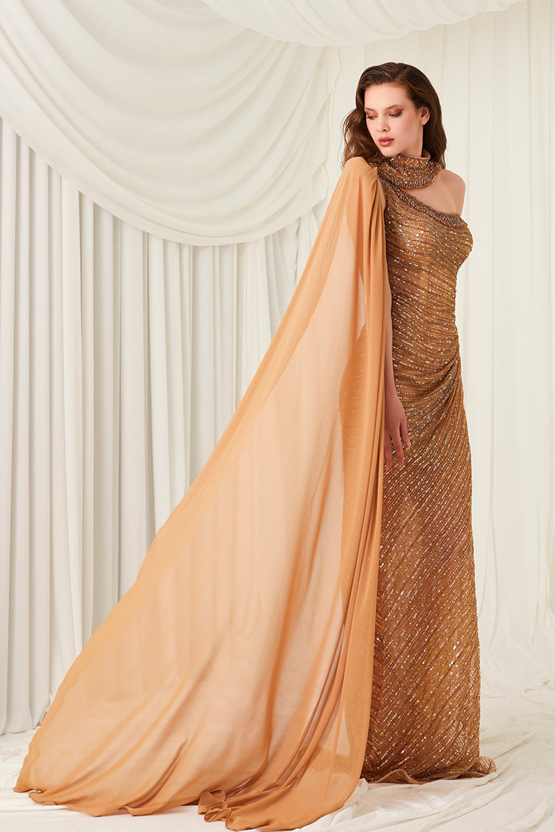 Beaded Tulle Dress with Cape