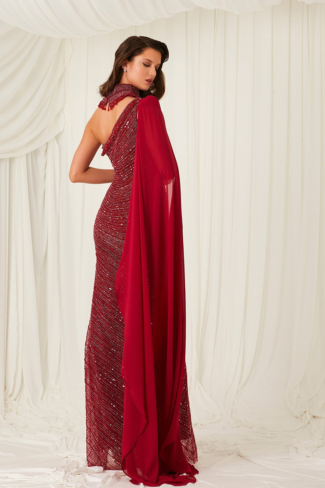 Beaded Tulle Dress with Cape