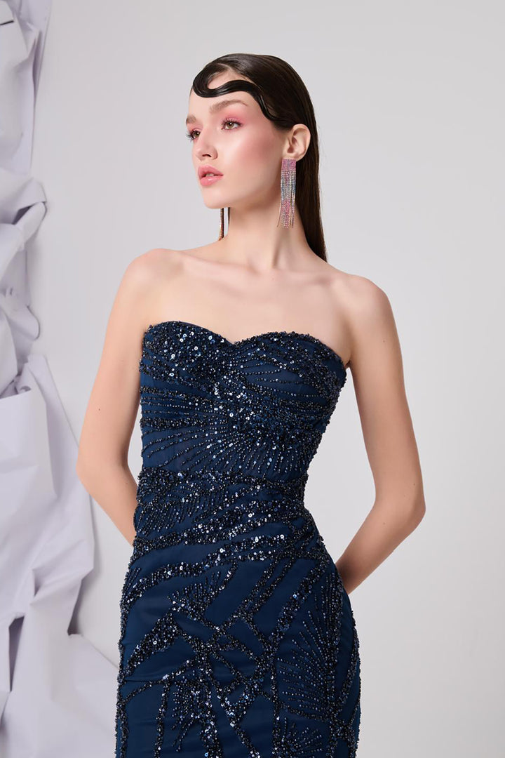 Satin Strapless Dress with Embroidery