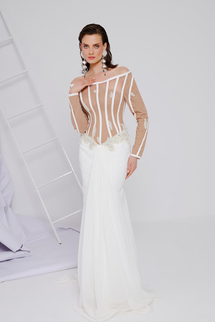 Sheer Striped Bodice Dress with Lace Embroidery