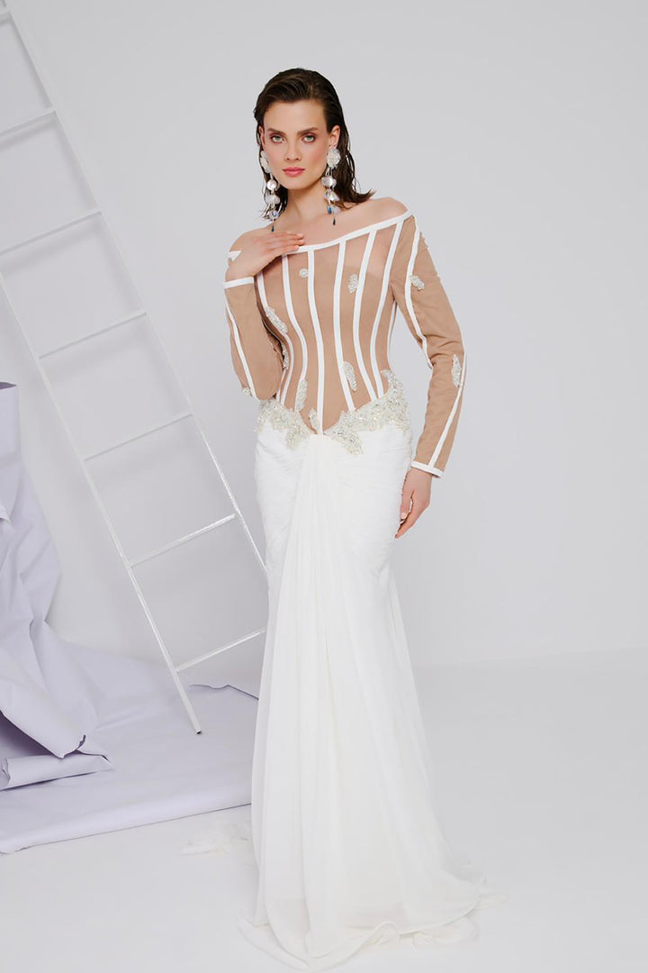 Sheer Striped Bodice Dress with Lace Embroidery