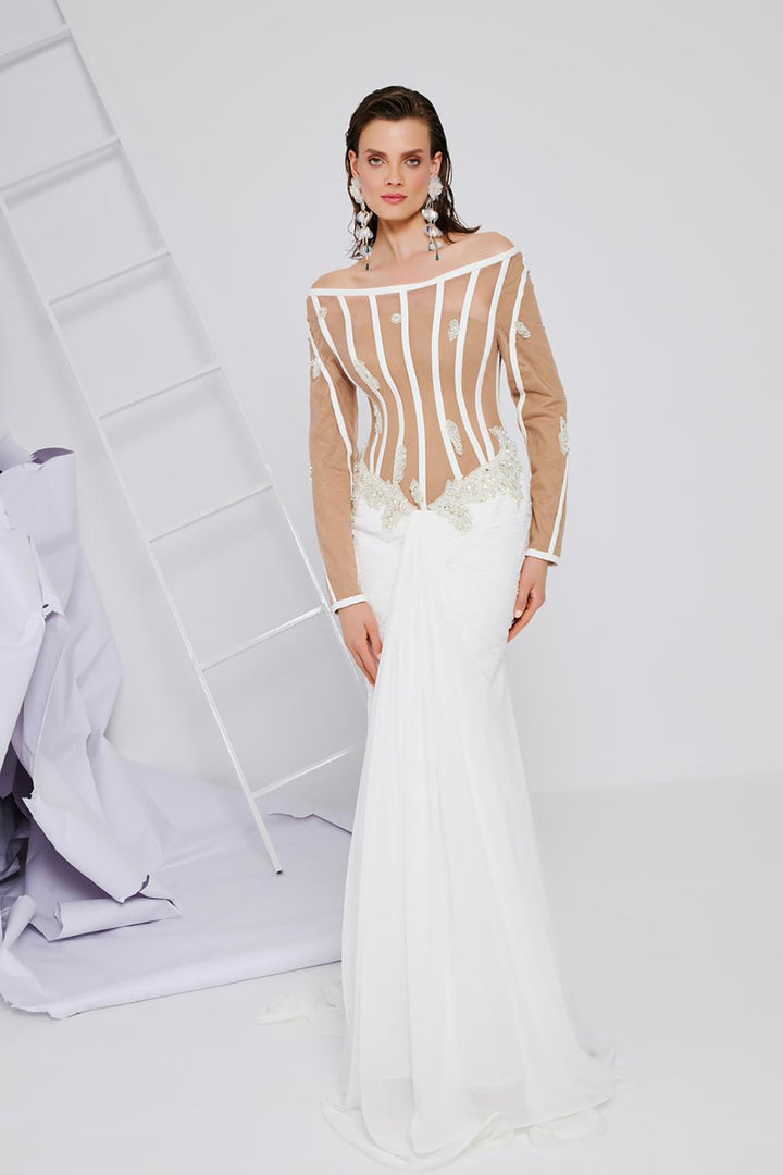 Sheer Striped Bodice Dress with Lace Embroidery