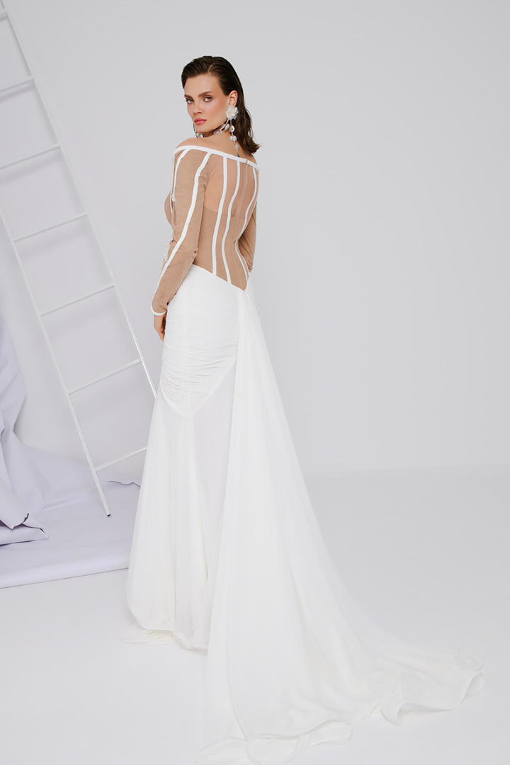 Sheer Striped Bodice Dress with Lace Embroidery