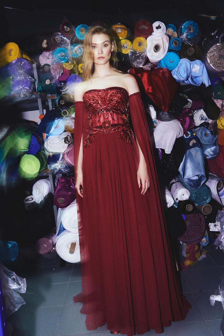 Off-The-Shoulder With A-Line With Floral Embroidery