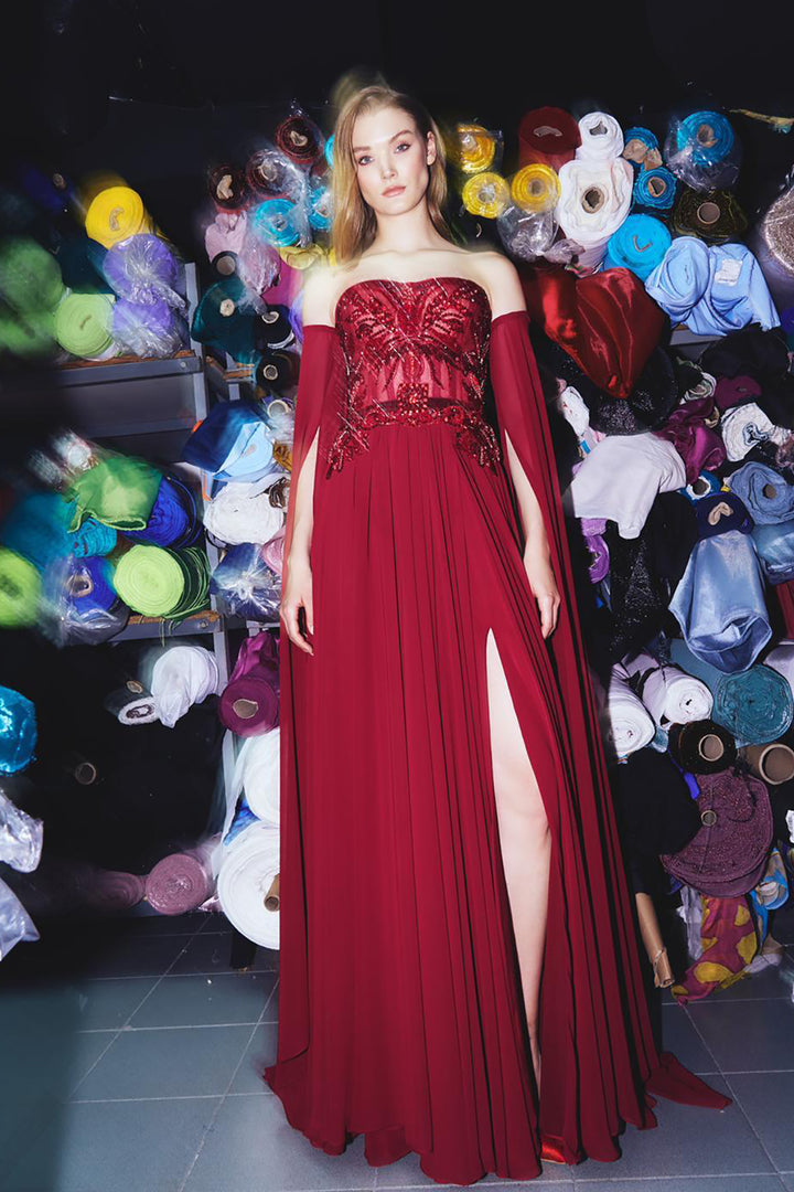 Off-The-Shoulder With A-Line With Floral Embroidery