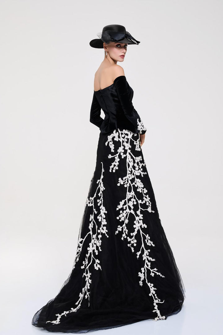 Off-The-Shoulder Bodice With Embroidered Train
