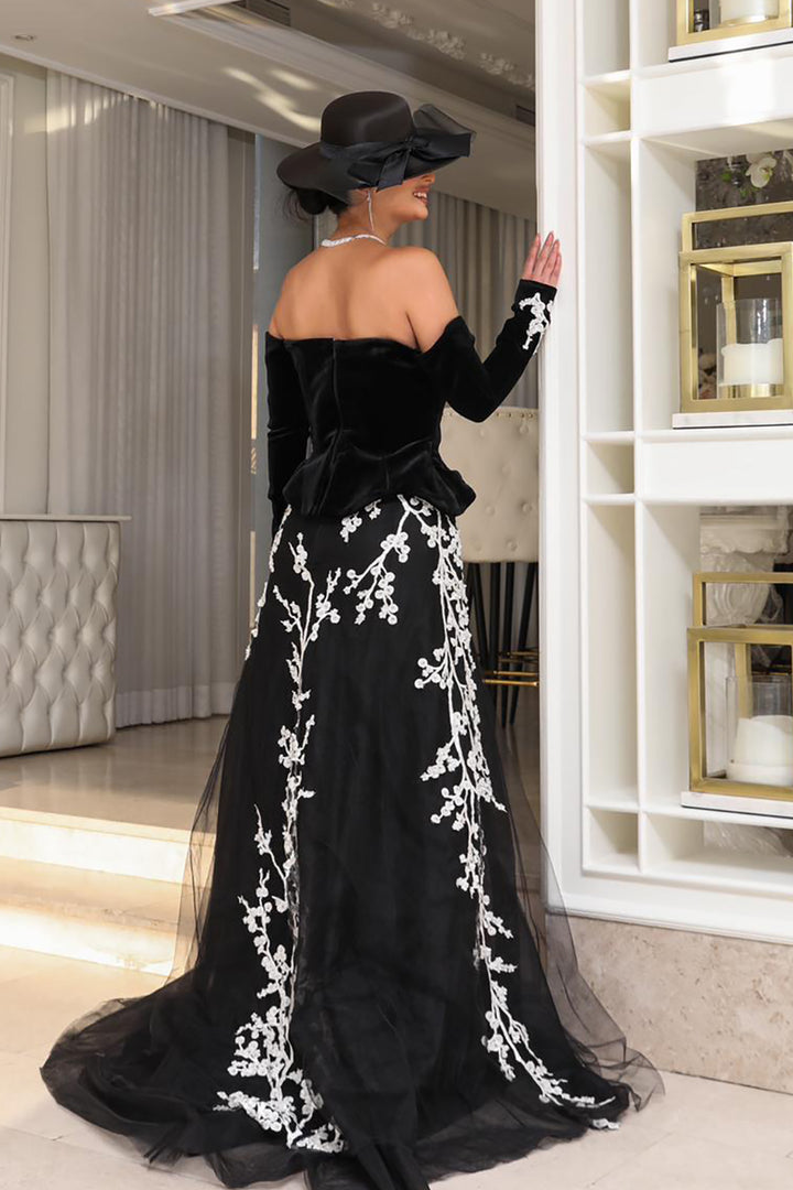 Off-The-Shoulder Bodice With Embroidered Train