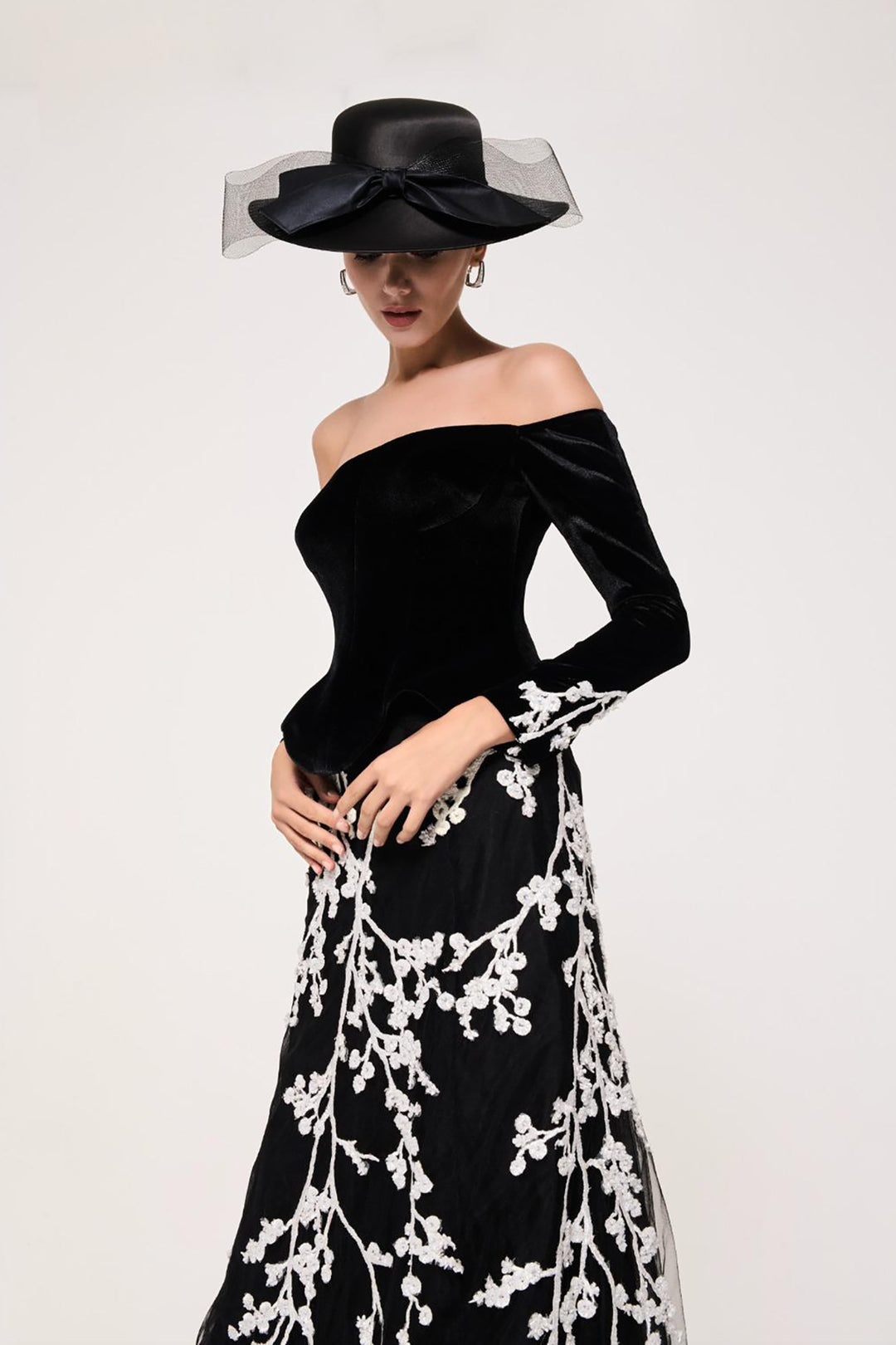 Off-The-Shoulder Bodice With Embroidered Train