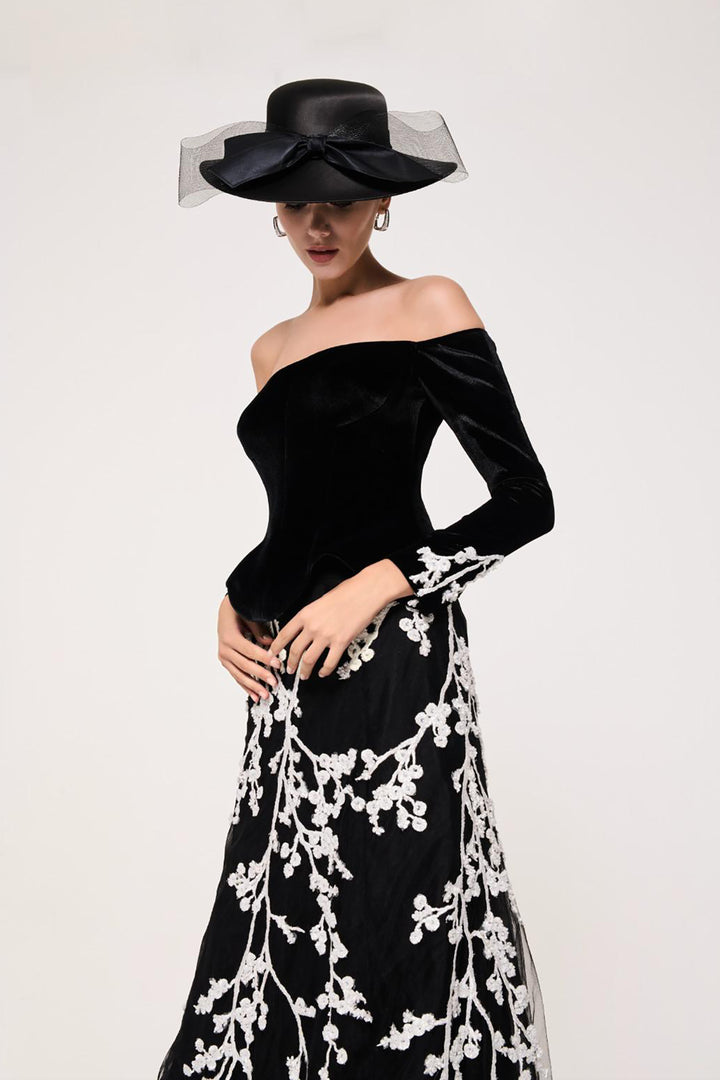 Off-The-Shoulder Bodice With Embroidered Train