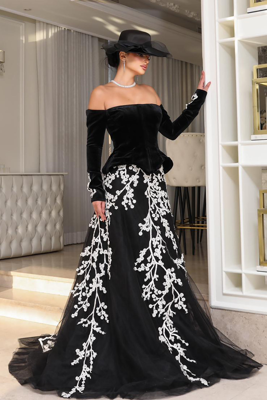 Off-The-Shoulder Bodice With Embroidered Train