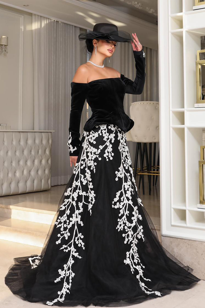 Off-The-Shoulder Bodice With Embroidered Train