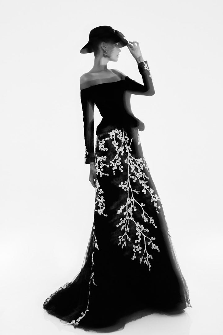 Off-The-Shoulder Bodice With Embroidered Train