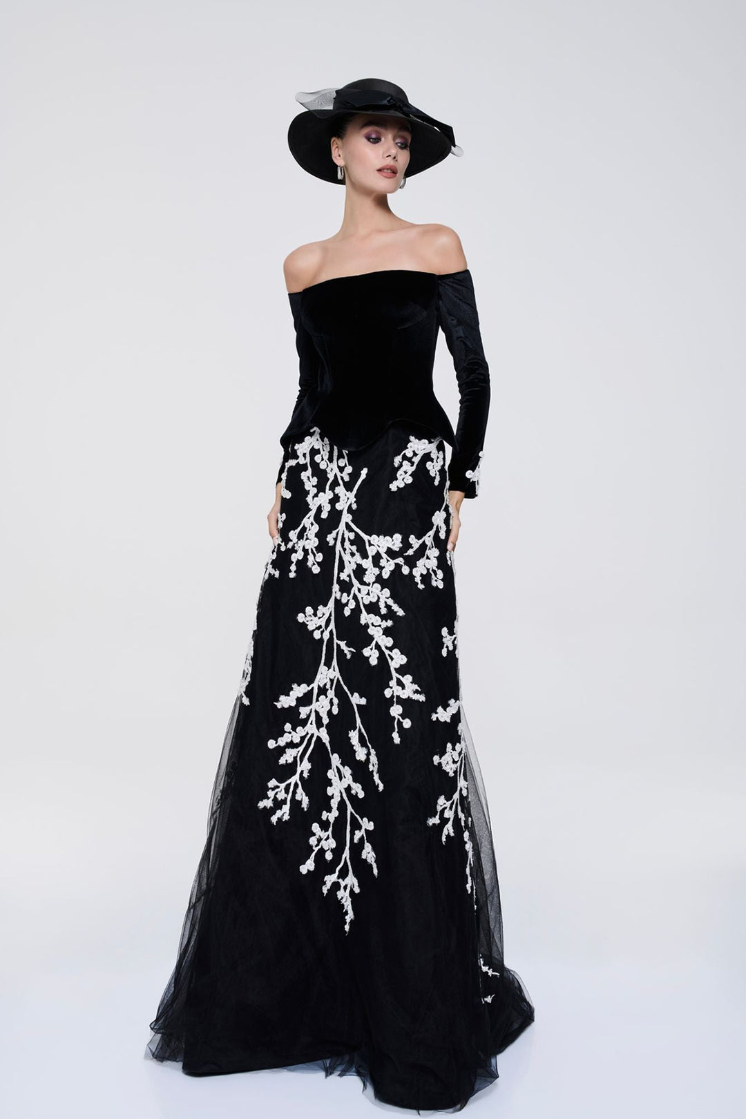 Off-The-Shoulder Bodice With Embroidered Train