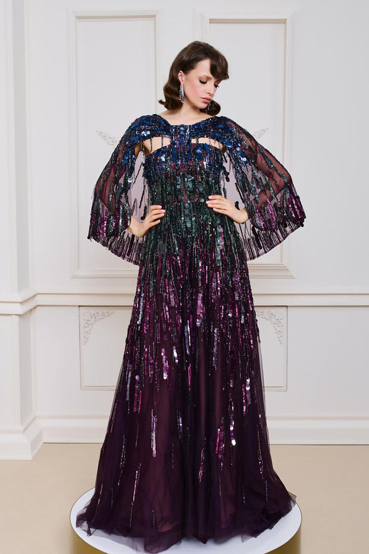 Cape-Sleeve Corseted A-line Dress