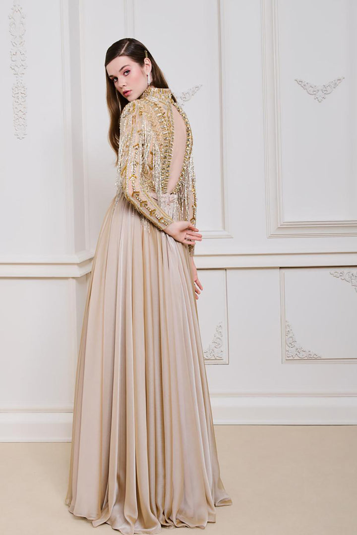 Corseted Beaded Dress with Cape Sleeve