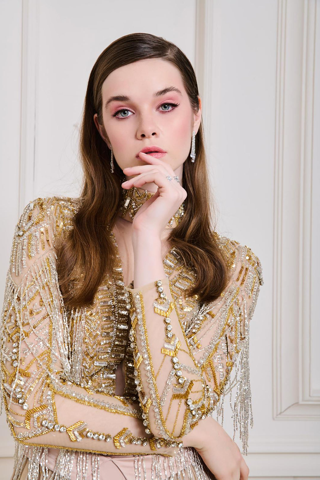 Corseted Beaded Dress with Cape Sleeve