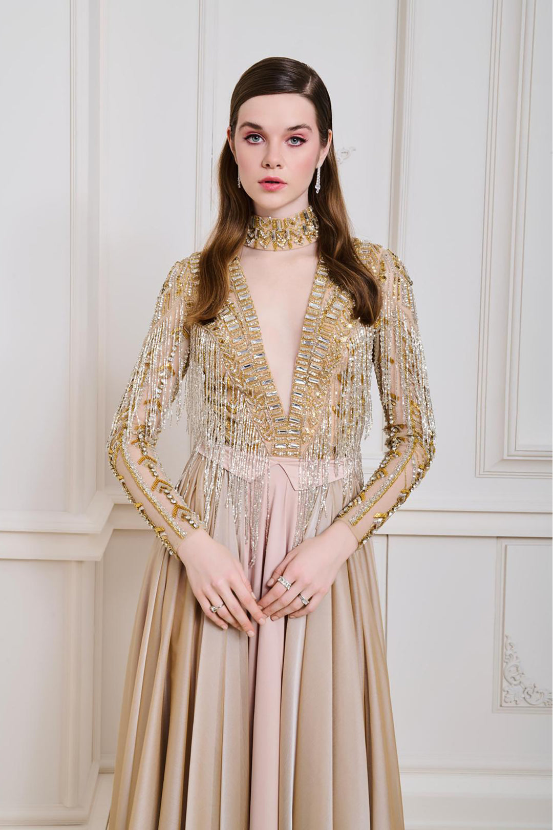 Corseted Beaded Dress with Cape Sleeve