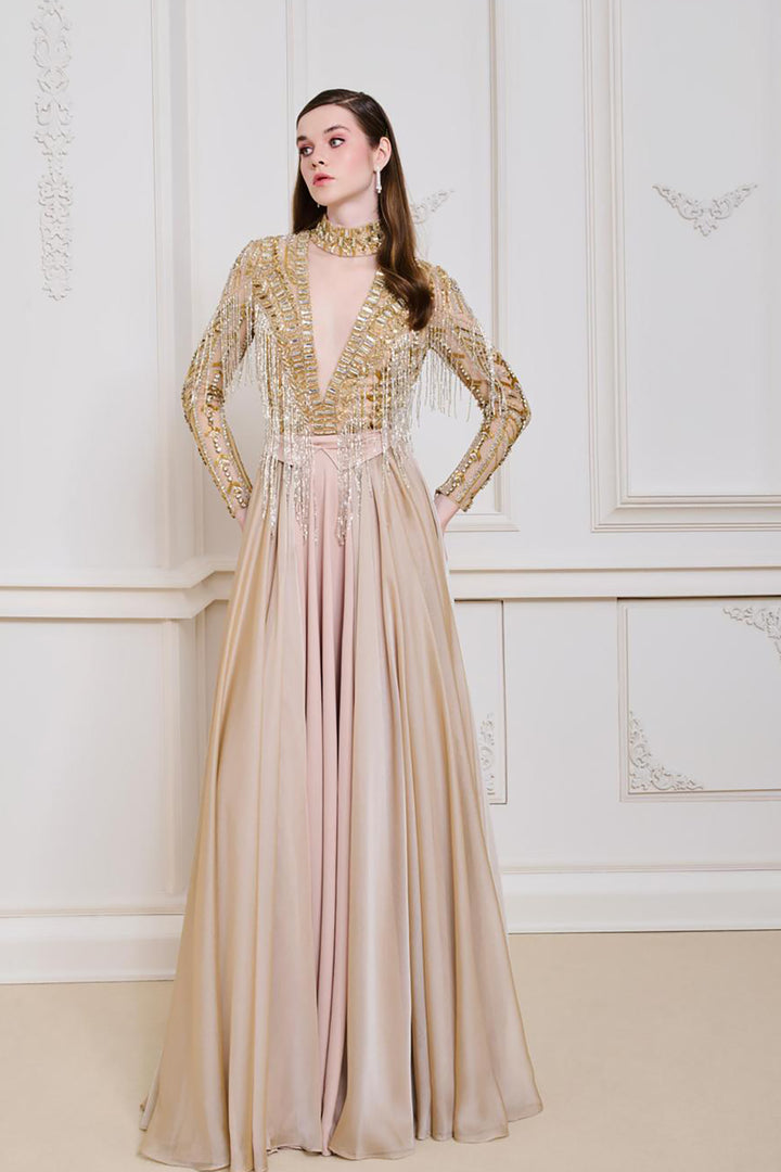 Corseted Beaded Dress with Cape Sleeve