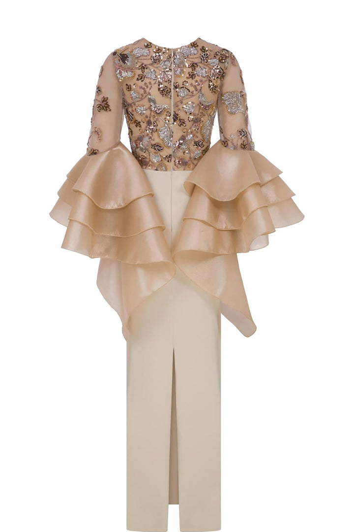 Embroidered Cape-Sleeve Column Dress