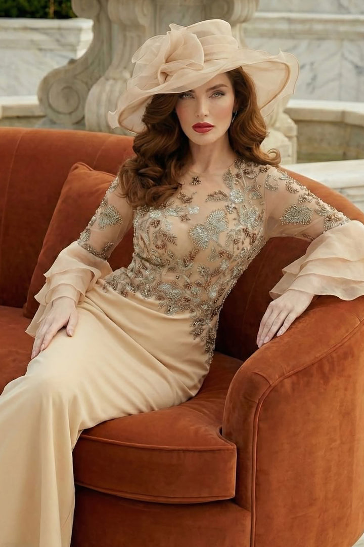 Embroidered Cape-Sleeve Column Dress