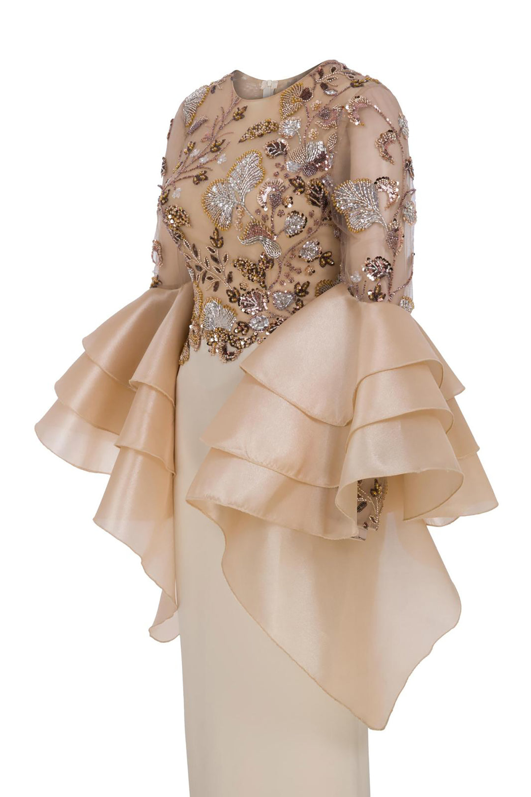 Embroidered Cape-Sleeve Column Dress