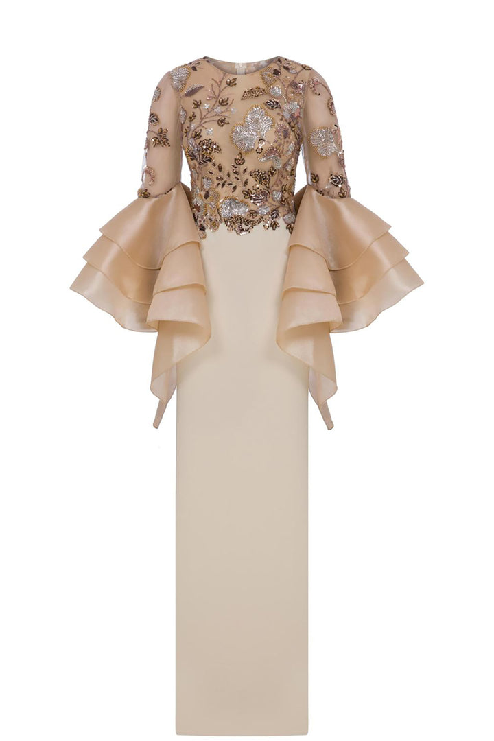 Embroidered Cape-Sleeve Column Dress