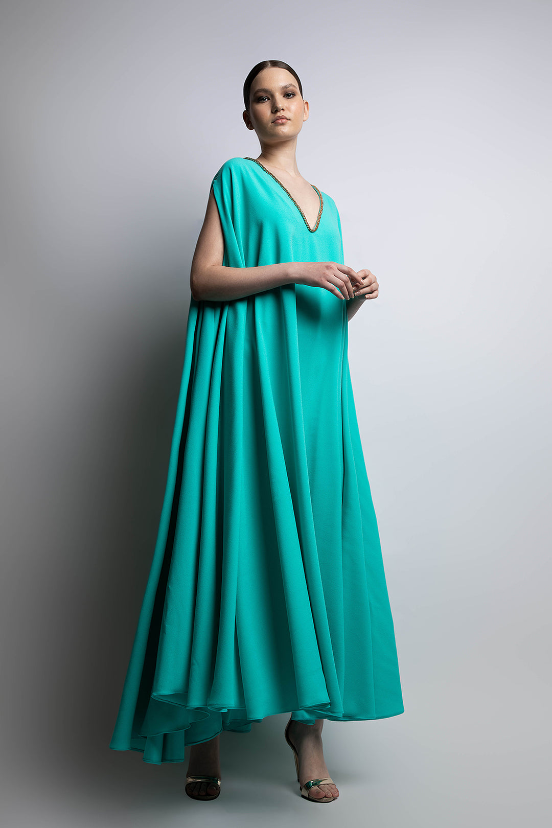 Loose Midi Dress with Cape Sleeves Aqua Blue / FR 46 Loose Midi Dress with Cape Sleeves Aqua Blue / FR 46