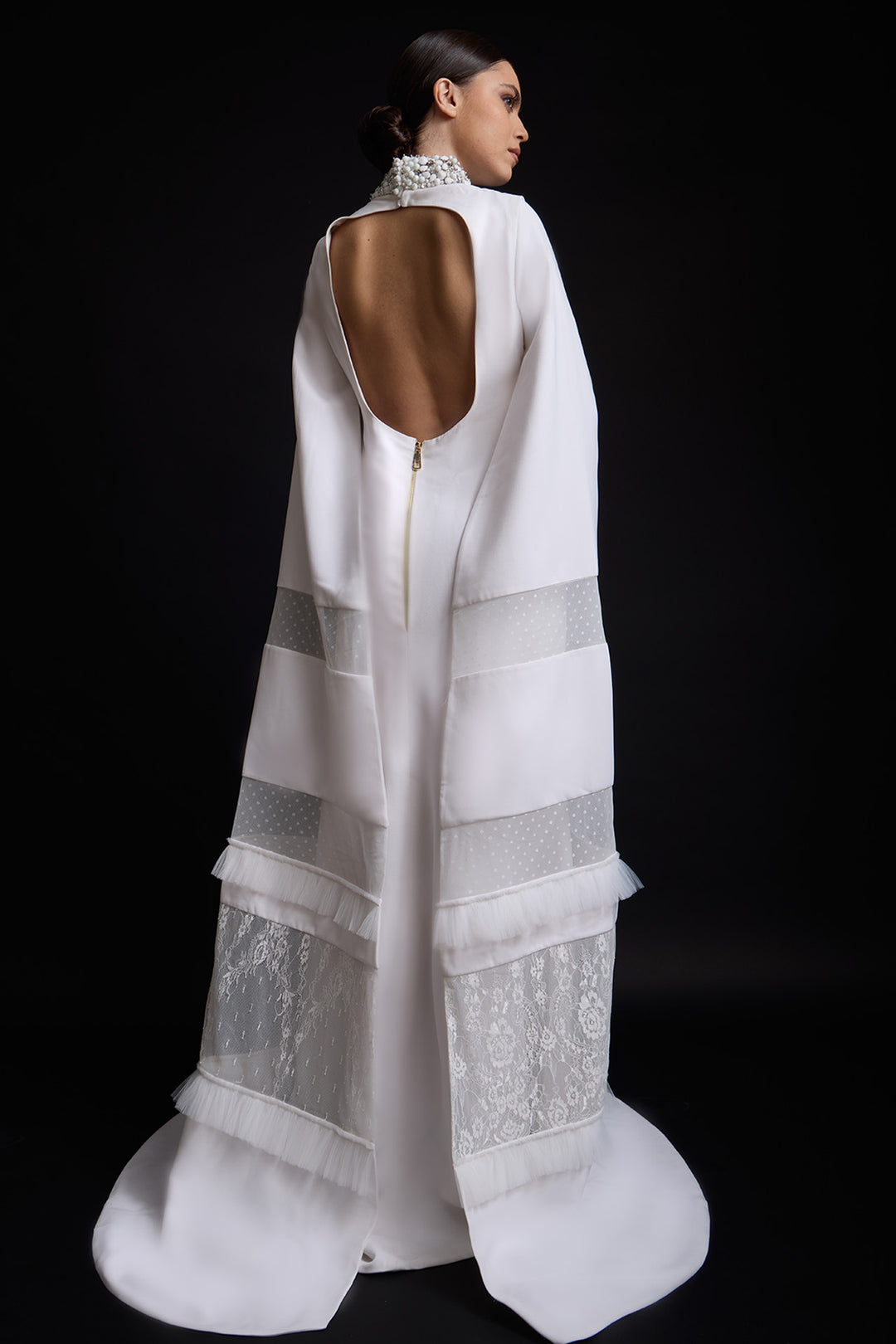 Pearl-Collar Cape with Sleeve Dress