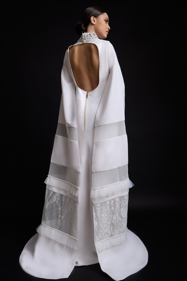 Pearl-Collar Cape with Sleeve Dress
