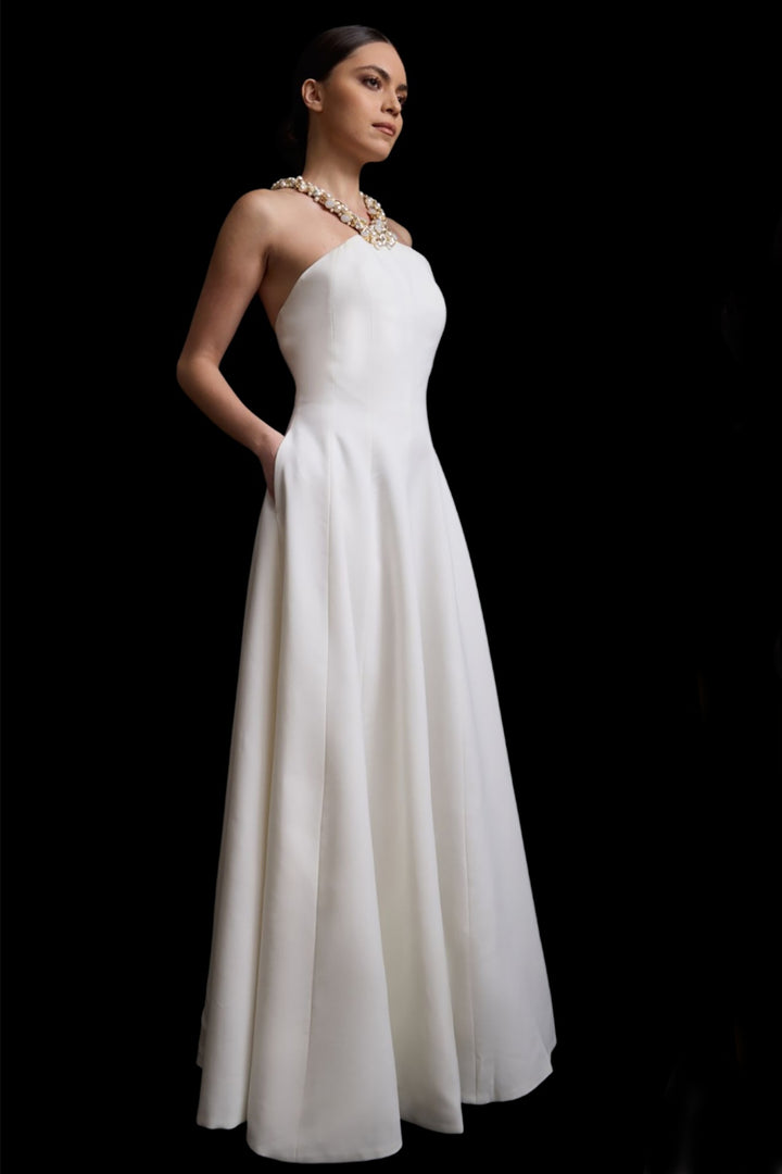 Structured A-Line Dress with Pearl Neckline