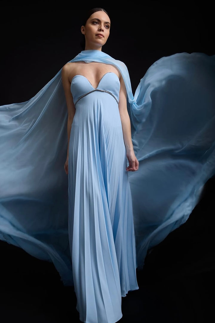 Plunging Sweetheart Dress with Sheer Cape