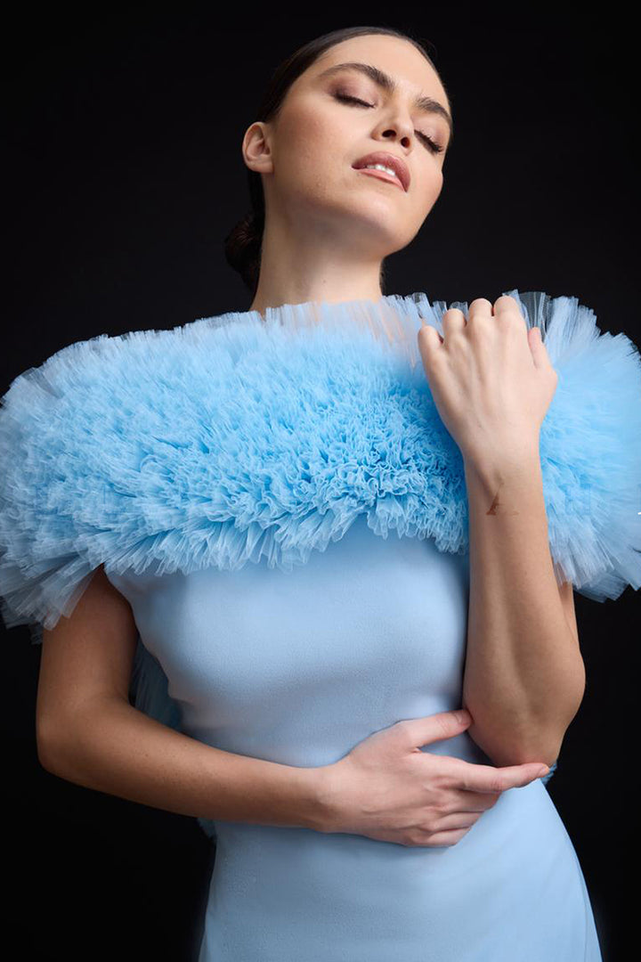 Ruffled Tulle with Collar Floor-Length Dress