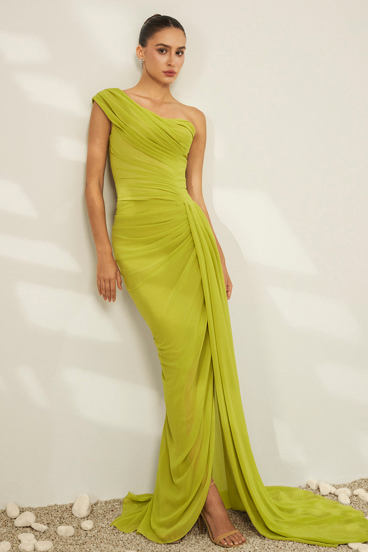 One-Shoulder Draped Pleated Chiffon Dress
