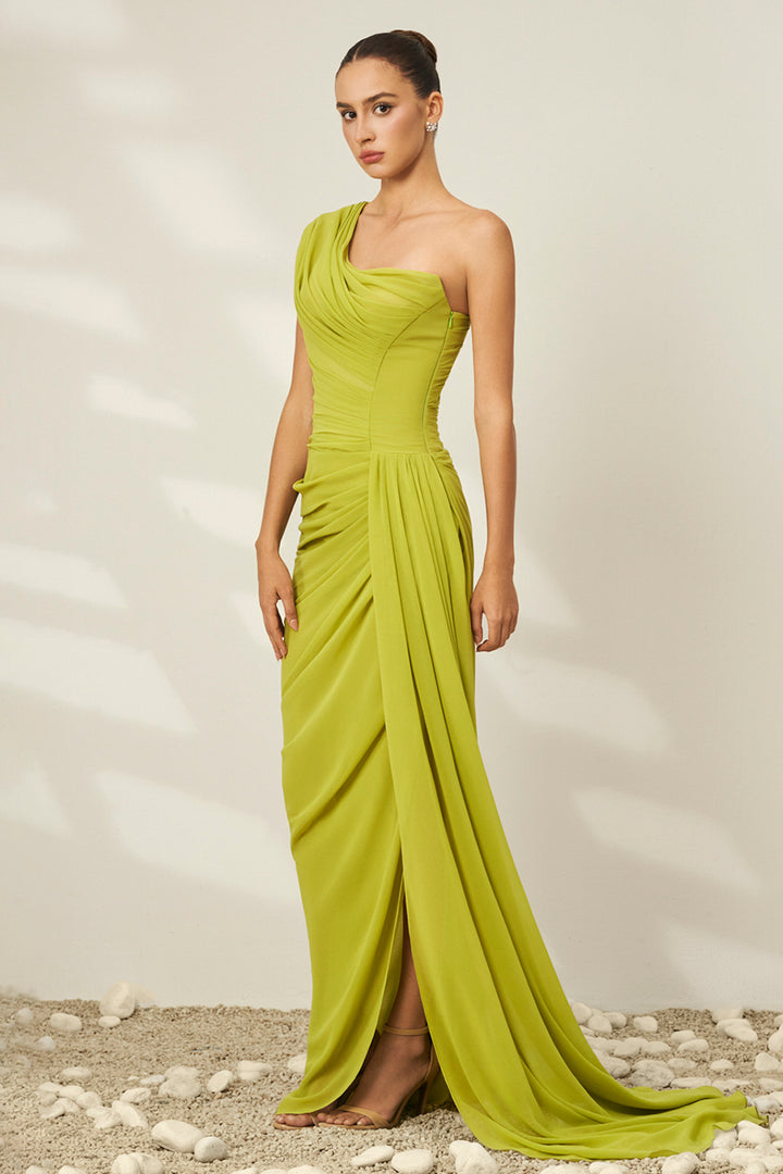 One-Shoulder Draped Pleated Chiffon Dress