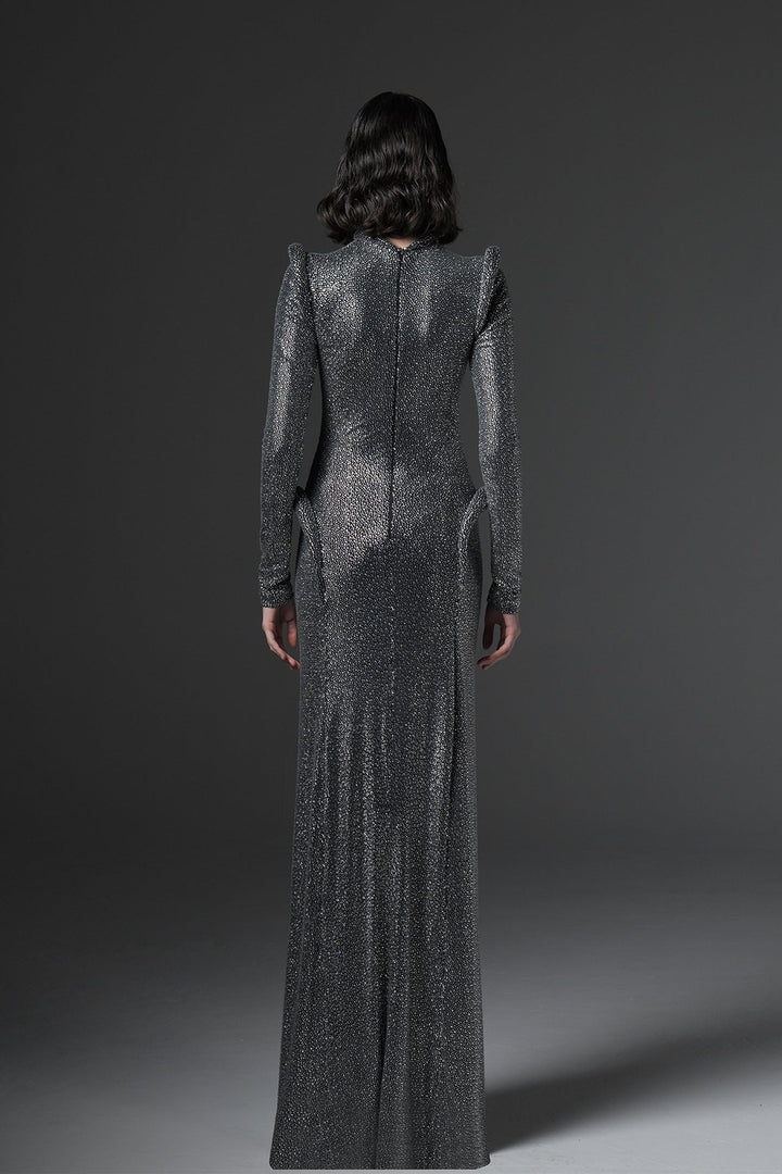 Metallic Long-Sleeve Evening Gown