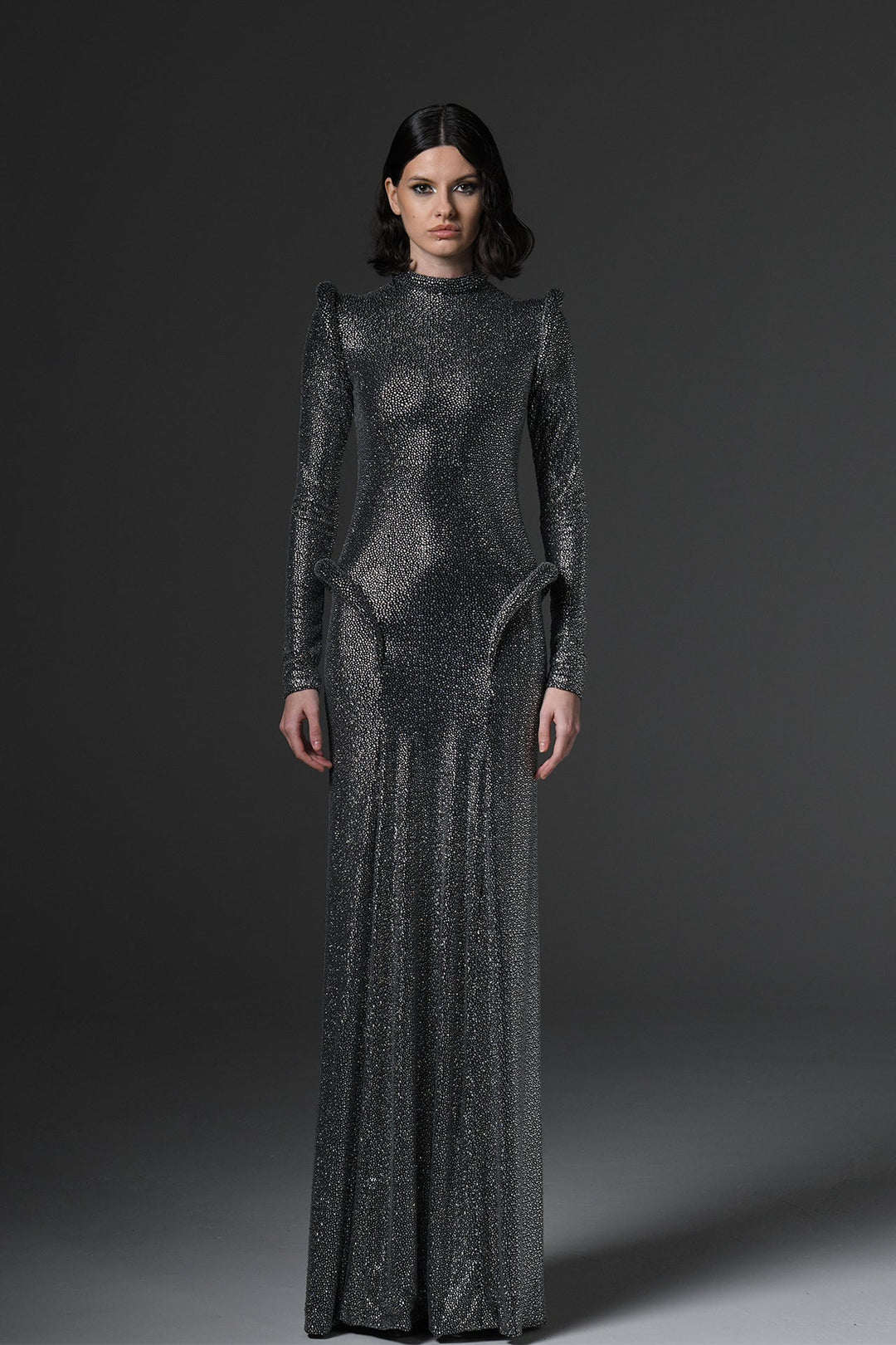 Crystal Studded Jersey Dress with Long Sleeves Black / US 8 Crystal Studded Jersey Dress with Long Sleeves Black / US 8