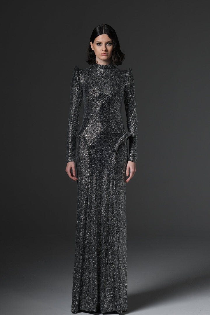 Metallic Long-Sleeve Evening Gown