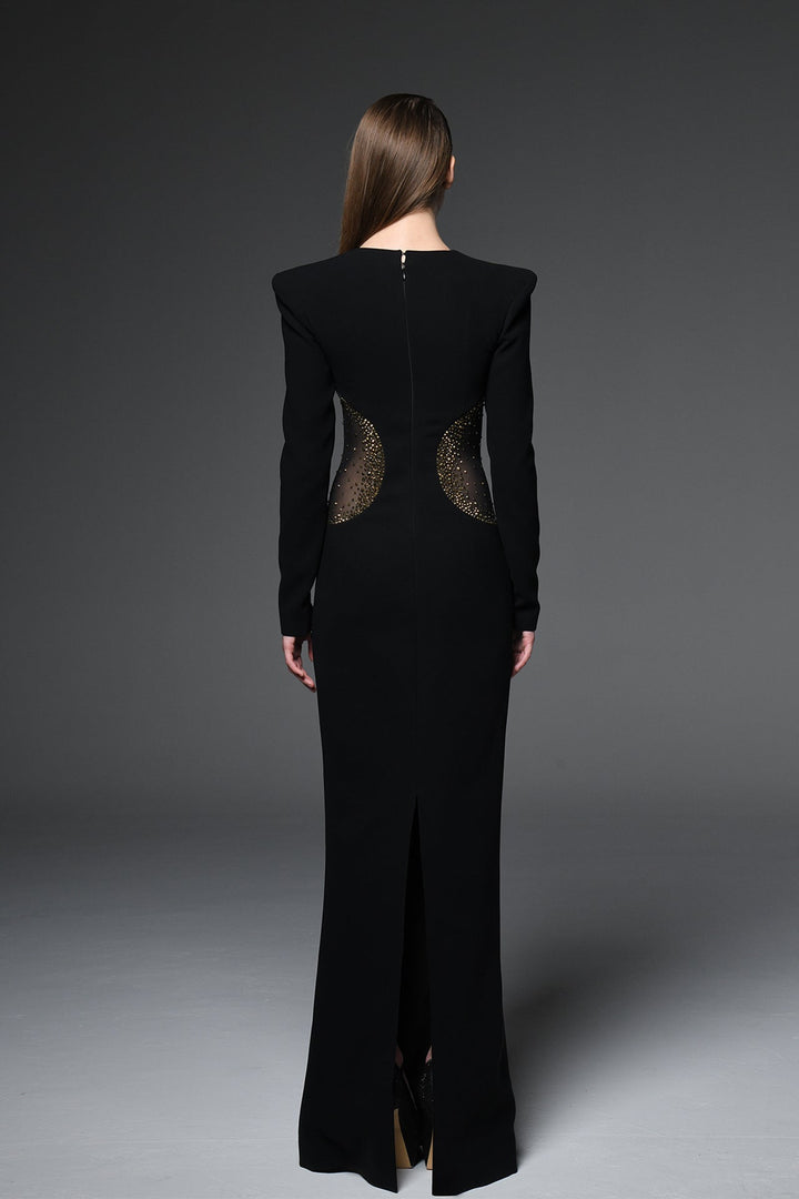 Long-Sleeve Evening Dress with Cutouts